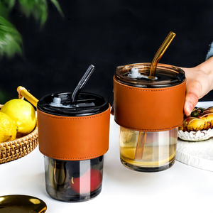 Vaso de Vidrio Promocional de Alta Calidad con Cuero y Pajita, Impresión Personalizada, Resistente al Calor, Vaso de <span class=keywords><strong>Regalo</strong></span> para Bodas, Diferentes Colores - Product Image 1