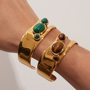 Boho gelang Bezel malasit antik wanita, perhiasan gelang baja tahan karat dapat disesuaikan berlapis emas 18K