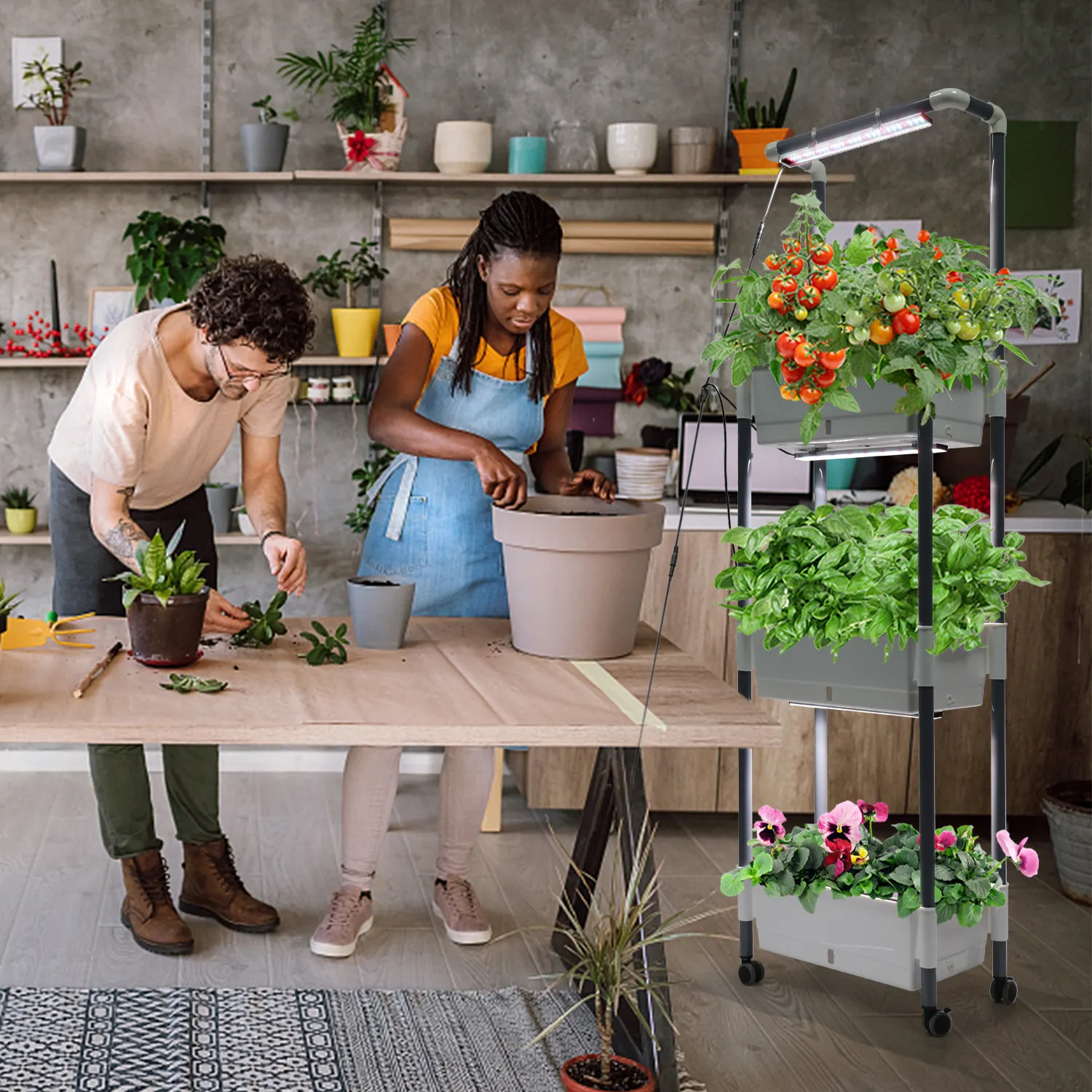 Kit de pot de jardinière auto-arrosant à 3 niveaux avec lumières de culture LED pour herbes, légumes et fleurs.