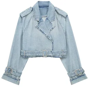 Frayed Streetwear Women's Spring Jackets Long Sleeve Crop Top Cropped Jean Jacket Belt 2023 Womens Fall Denim Jacket