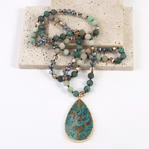 Fashion Boho Jewelry Women Bohemia 8mm Amazonite Crystal Glass Natural African Turquoise Stone Pendant Necklace