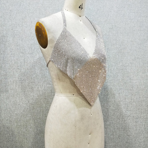 2024 Fashion Backless Triangle Gold <strong>Silver</strong> Splicing Pattern Aluminum Rhinestone Mesh Crystal <strong>Crop</strong> <strong>Top</strong> - Product Image 2