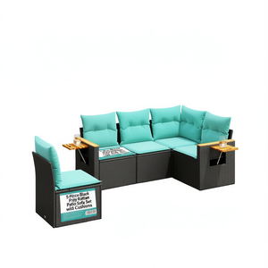 Set di divani da giardino in polyrattan nero da 5 pezzi con cuscini, mobili da esterno - Product Image 1