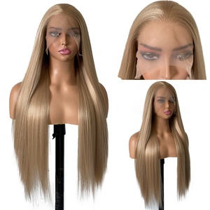 Wig sintetis Premium Futura Fibra Wholesale HD13*4 Lace Front Free Part 340g Linen <span class=keywords><strong>Gold</strong></span> Straight Matte tahan panas realistis - Product Image 2