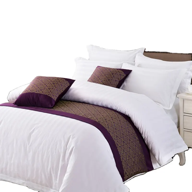 Seprai tempat tidur katun mewah putih bergaris katun putih Percale seprai Hotel 300 Tc grosir 100% seprai katun pas