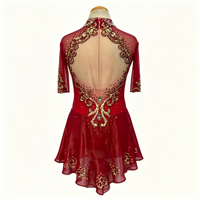 Robe de patinage artistique rouge à col haut et manches 3/4, tissu en maille avec strass, costume de performance pour enfants et adultes