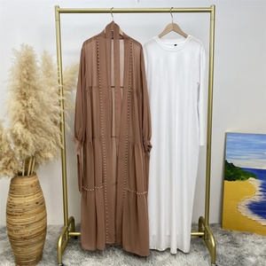 Summer Lightweight Chiffon Open Abaya Set with White Pearls Tie Belt Long Sleeve Dubai Abayas 5 Colors (1964+6435) - Product Image 4