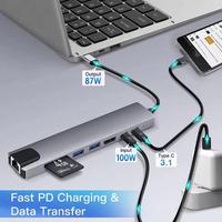 Hub USB-C 8-en-1 1000 Mégabits avec adaptateur HDTV 4K, lecteur de cartes SD/TF et chargeur rapide RJ45 pour ordinateur portable Windows