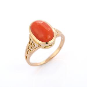 Bague ovale en pierre de corail véritable faite à la main, bague de Cocktail en or jaune massif 14K, bijoux fins, produits en gros pour hommes et femmes - Product Image 3