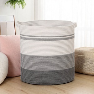 Cotton Rope Storage Basket Round White And Gray Tricolor <b>Laundry</b> Organizer For Bedroom Entryway Closet Storage - Product Image 3