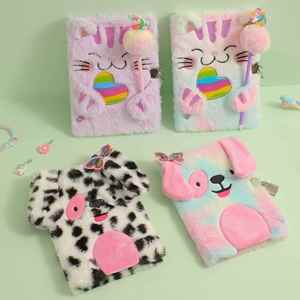 Kids Writing Drawing Hardcover Fuzzy Journal Puppy Kitten Cat Diary Notebook for Girls With Lock and Keys - Product Image 1