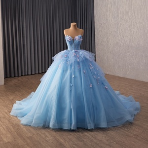 251123 Magnifiques robes de soirée bleues pour femmes, avec fleurs appliquées, style Sweetheart - Product Image 2