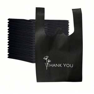 Bolsas de supermercado reciclables y lavables de tela no tejida negras con corte en W para camisetas y chalecos, con mensaje de agradecimiento - Product Image 1