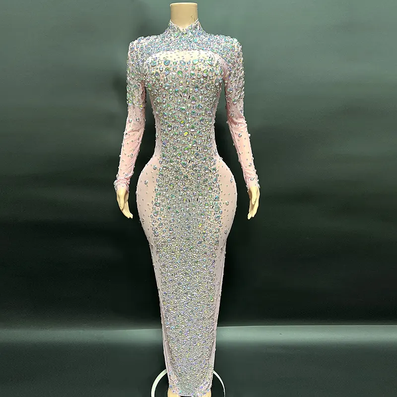 Novance vestido brilhante brilhante laser strass, vestido rosa de mangas compridas, vestido de baile para festa de gala e sala de bola 2023 com diamantes