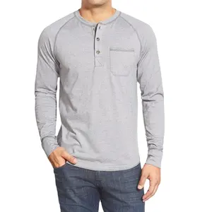 Camisetas de manga longa masculinas personalizadas, com henley de bolso