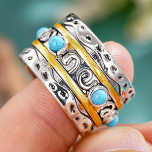 Anello Cocktail A102 in Argento e Oro con Turchese, Montatura a Castone, Gioiello Unisex alla Moda, Regalo con Pietra Naturale Rotonda - Product Image 5