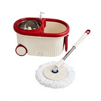 Set Mop dan Ember Putar Merah Cream dengan Roda, Kepala Mop Mikrofiber 360 Derajat, Keranjang Pemeras Baja, Gagang Teleskopik