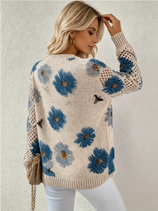 Tendance du moment : Pull ample à col en V et manches longues pour femme, imprimé floral et abeilles, ajouré, style vintage décontracté - Product Image 3