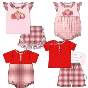 新款春季草莓设计儿童套装棉衬衫衬里短套褶边儿童服装兄弟姐妹套装婴儿服装