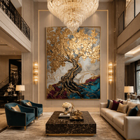 Peinture à l'huile sur toile de luxe, paysage abstrait vertical d'arbre doré peint à la main, texture épaisse, feuille d'or, art mural encadré pour