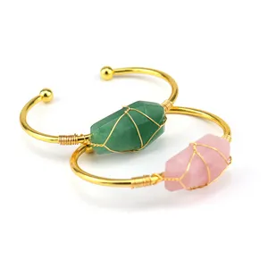 Fashion Gemstone Bangle Gold Color Wire Wrap Irregular Cuff Crystal Quartz Natural Stone Bracelet For Women