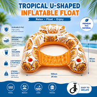 Chaise flottante gonflable en PVC en forme de U avec porte-gobelet et dossier, motif feuilles tropicales, pour adultes, pour piscine et lac, été