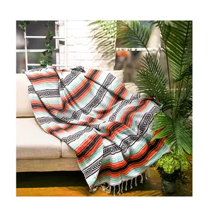 タッセル付き最高品質のビーチヨガ家の装飾ストライプ織りキャンディーデザイナーカスタムコットンメキシコ毛布