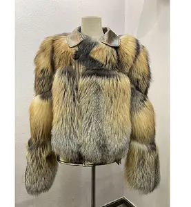 Nouveau manteau de fourrure de renard pour femmes à col en cuir, veste d'hiver courte haute épaisse pour femmes à la mode, manteau de fourrure de renard Golden Island