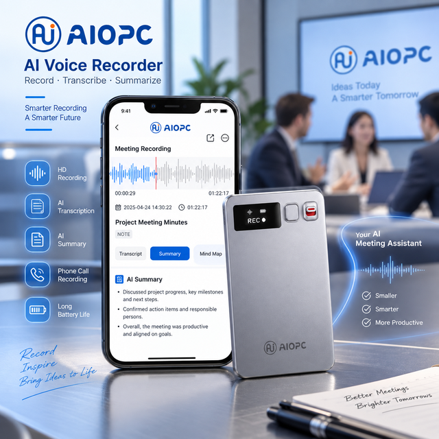 Wearable Wireless Aluminum Alloy Voice Recorder with AI Smart Transcription Meeting & Call Recording MP3 Format