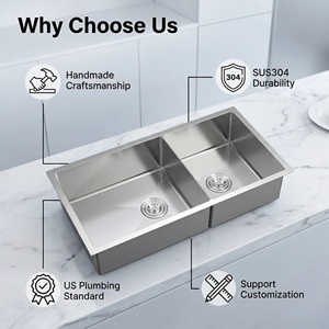 Lavello da <span class=keywords><strong>cucina</strong></span> rettangolare a doppia vasca in acciaio inox 304, fatto a mano, dal design moderno, con superficie lucida, da incasso. - Product Image 2
