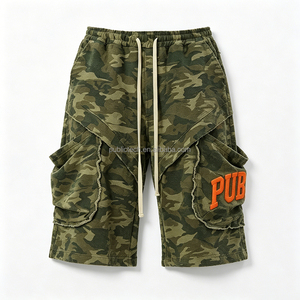 Pantalones Cortos Cargo de Camuflaje Personalizados de 450GSM para Hombre, Moda Hip-Hop, Bordado 3D, Borde Deshilachado, Cintura Elástica, Estilo Urbano, Multibolsillos - Product Image 1