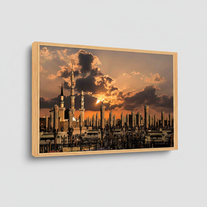 <b>Islamic</b> Sunrise Landscape Printed Canvas Artwork - Masjid Nabawi,1P-Natural <b>Framed</b> - Product Image 2