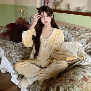 Meryjia Winter Two Pieces Vintage Velvet Pijamas <span class=keywords><strong>Mujer</strong></span> Soft Luxury Long Sleeves Pijamas - Product Image 5