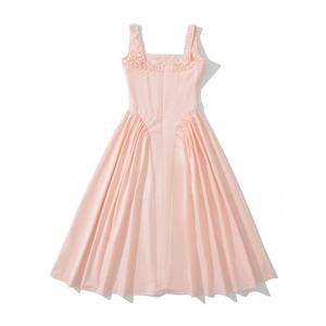 Robe longue décontractée plissée en polyester rose pour femme, bretelles spaghetti, sans col, taille naturelle – Grande Vente - Product Image 2