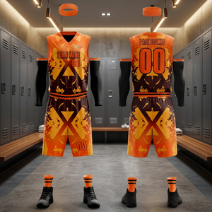 Ensemble de maillots de basket-ball sublimés personnalisés, col en V, sans manches, 100% polyester, évacuation de l'humidité, nom de l'équipe PACE SPORTS 00, orange et noir - Product Image 4