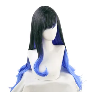Perucas de cabelo preto a azul, exposição comic halloween cosplay cabelo ombre