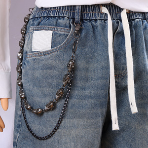 Double Layer <b>Skull</b> Waist Chain Black Zinc Alloy Hip Hop Denim Accessory For Daily Wear - Product Image 1