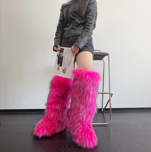 Dames winterhoge laarzen met fluffy voering, imitatievosbont, lange warme schoenen, nieuwe designer pluche kniehoge laarzen voor meisjes - Product Image 5