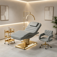 Ensemble de Mobilier de Luxe pour Salon de Beauté Noir et Or, Lit de Massage Cosmétique Électrique à 3 Moteurs, Lit Facial Réglable pour Cils avec Lampe