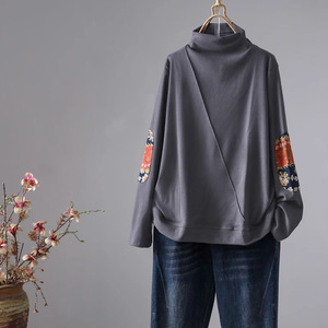Women Fleece High Neck Top Black Coffee Gray Splicing Design Autumn Winter Wear - Product Image 2