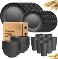 Ensemble de vaisselle en plastique noir de 16 pièces, compatible micro-ondes, pour usage domestique et transfrontalier, comprenant assiettes, bols et tasses