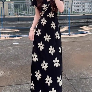 French Style Floral Black Dress V Neck Short Sleeve A Line Long Skirt For Beach Vacation Summer Casual Wear - Product Image 4