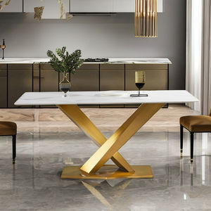 Conjunto de Mesa de Jantar e Cadeiras de Luxo Moderno para 6 Lugares Retangular em Aço Inoxidável com Pernas Douradas Móveis para Casa em Preto - Product Image 5