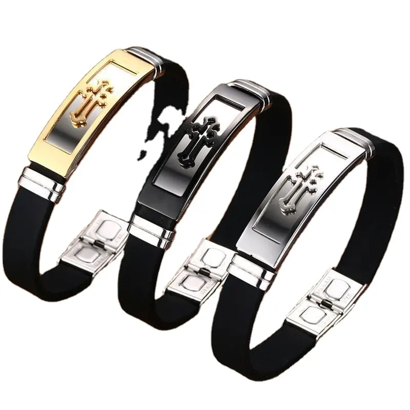 Wholesale Simple Design Religious Stainless Steel Cross Black Silicone Belt Bracelet For Men