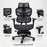 Chaise de bureau ergonomique moderne avec dossier en maille respirante, siège en cuir de vachette, ressort lombaire auto-adaptatif et inclinaison multi-verrouillable pour longues heures de travail à domicile