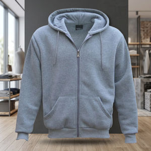 เสื้อฮู้ดซิปผู้ชายสีเทา ผ้าฟลีซ ทรงปกติ สวมใส่สบายๆ สำหรับฤดูใบไม้ร่วง ผลิตจากผ้าฝ้ายถัก 100% สีพื้น แขนยาว - Product Image 3