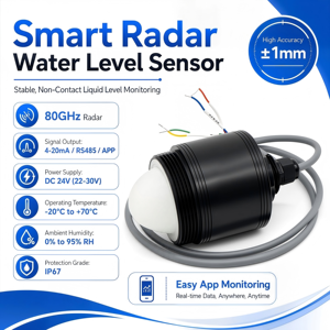 Capteur de niveau d'eau radar 80 GHz à sortie directe d'usine, 1 mm, IP67, pour la surveillance extérieure des rivières et des réservoirs - Product Image 1