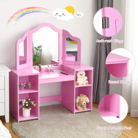 Coiffeuse 2 en 1 en bois, style princesse, coiffeuse, bureau de maquillage avec miroir et étagères de rangement, de couleur rose