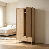 Armoire 2 portes en chêne massif avec tiroir, poignées anneaux en laiton, pieds coniques, style nordique minimaliste, rangement pour chambre à coucher, maison, appartement, hôtel
