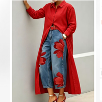 Ensemble deux pièces pour femmes, jean à jambes larges à imprimé floral et chemise à manches longues boutonnée, pour le printemps et l'automne, tenue décontractée